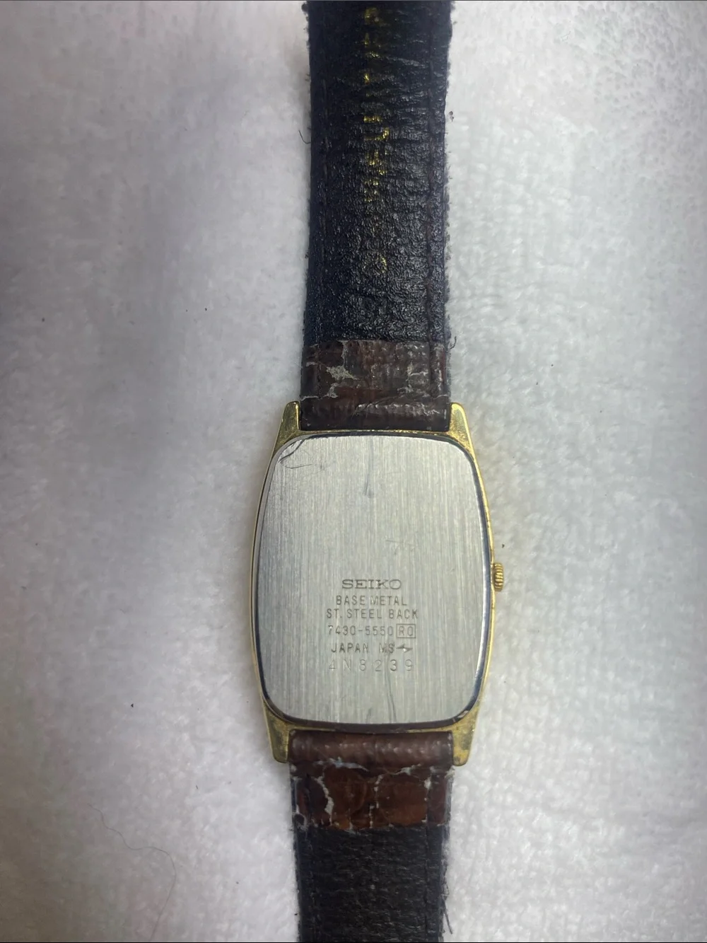 Seiko Gold-Tone Rectangular Dress Watch with Brown Leather Strap
